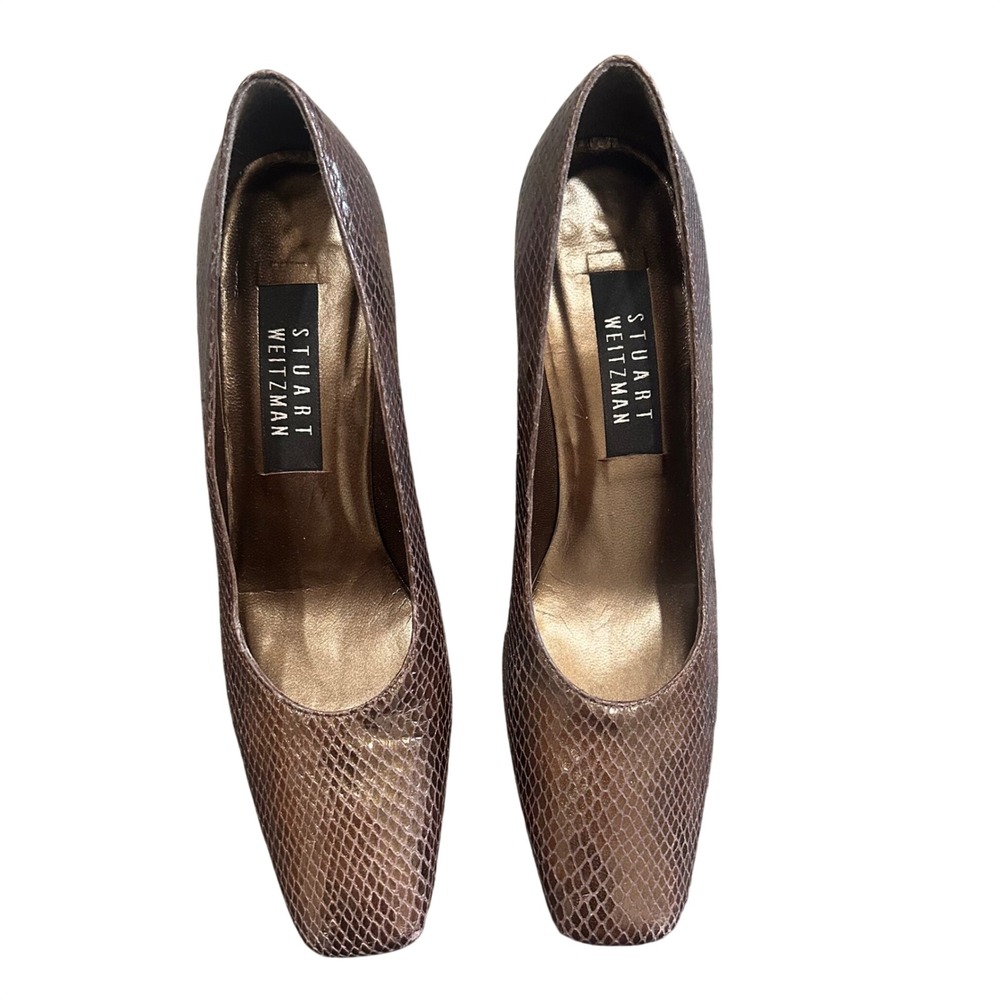 Stuart Weitzman Bronze Snakeskin Embossed Square Toe Block Heel Pumps 7.5 AA
